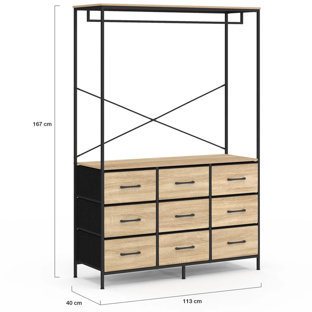 IDMarket - Armadio 115 cm UTAH con 9 cassetti in legno e tessuto nero