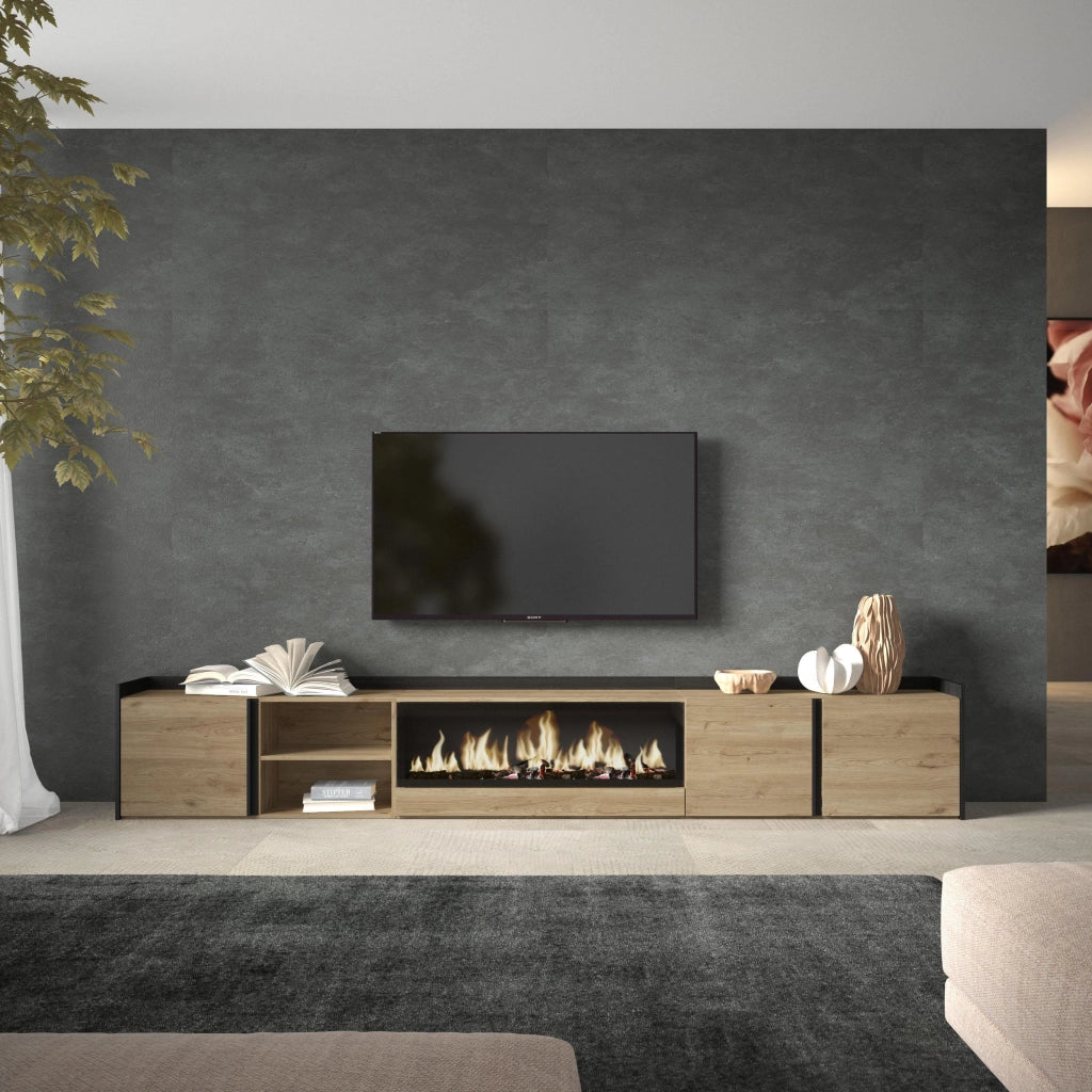 Mobile TV Soggiorno, 315x50x35 cm, Per TV fino a 80", Camino elettrico XXL, Rovere e nero