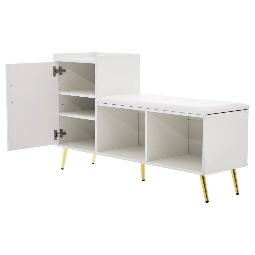 Scarpiera con panca e 3 ripiani regolabili con ante e vano aperto; per ingresso; bianco lucido; 120×35×71.5 cm