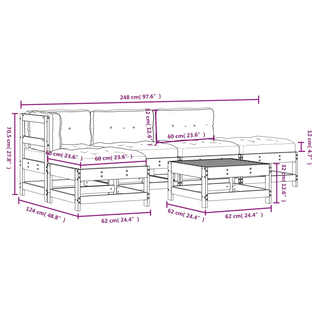 Set Divani da Giardino 6 pz con Cuscini in Legno Massello