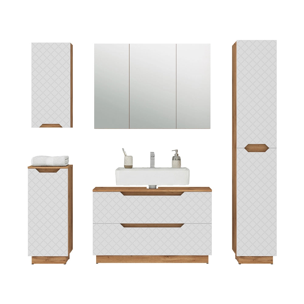 Vicco Set di mobili da bagno Rovere/bianco con struttura in piastrelle 5 parti