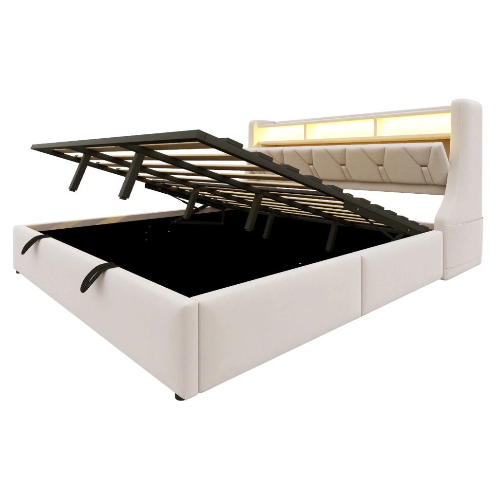 Letto imbottito 180x200 cm con contenitore idraulico, LED e testiera multifunzione