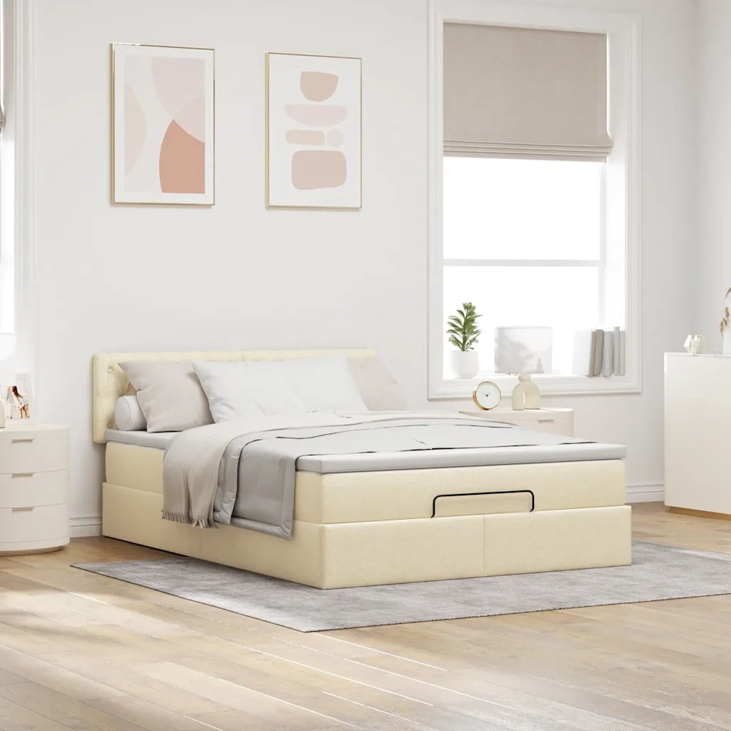 Pouf Letto con Materasso e LED Crema 140x200 cm in Tessuto