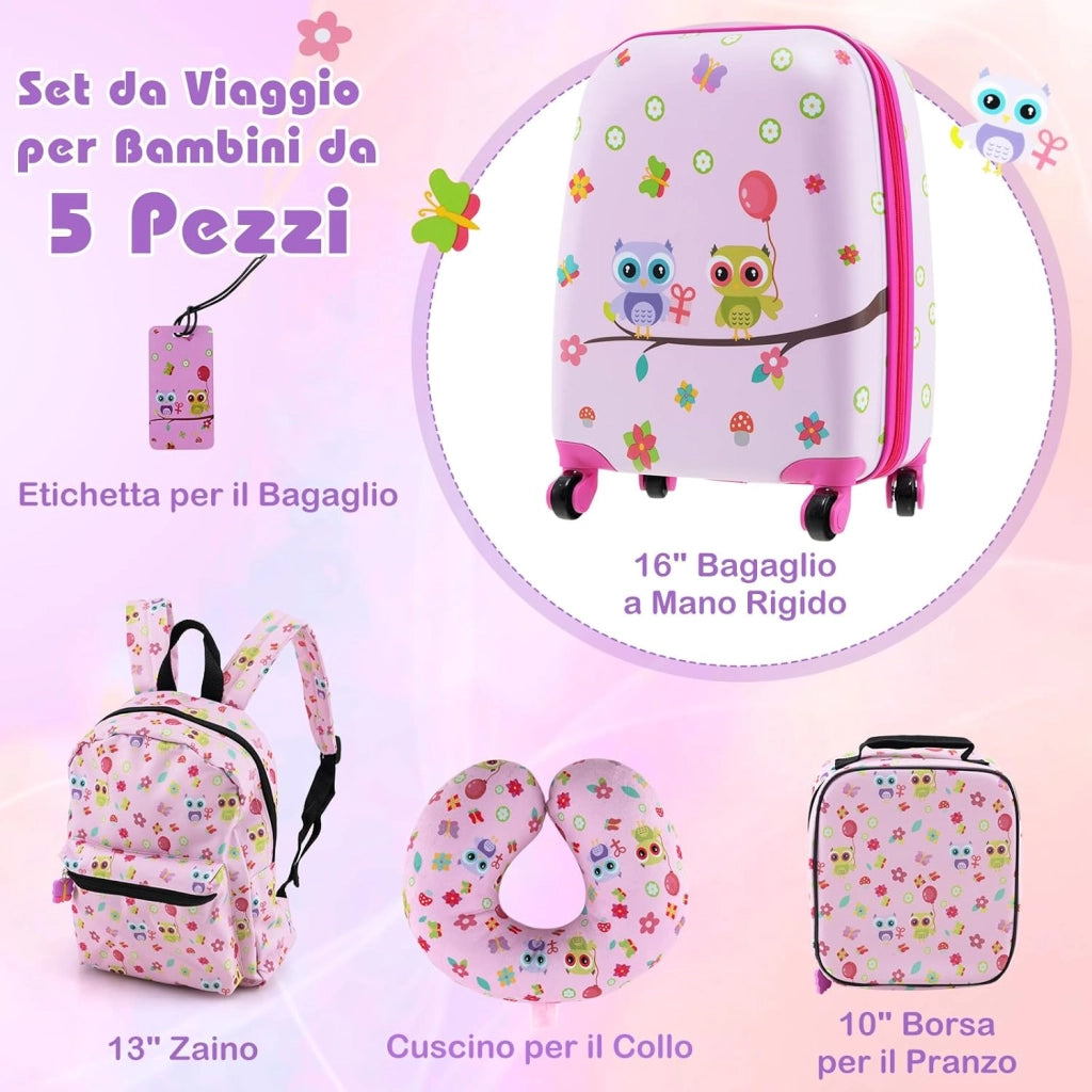 5 Pezzi Valigia per Bambini, Valigia con ManicoTelescopico da 16" con 13" Zainetto, Cuscino per Il Collo, Etichetta per Bagaglio, Borsa per Il Pranzo, con Ruote Girevoli a 360 ° (Modello 4)