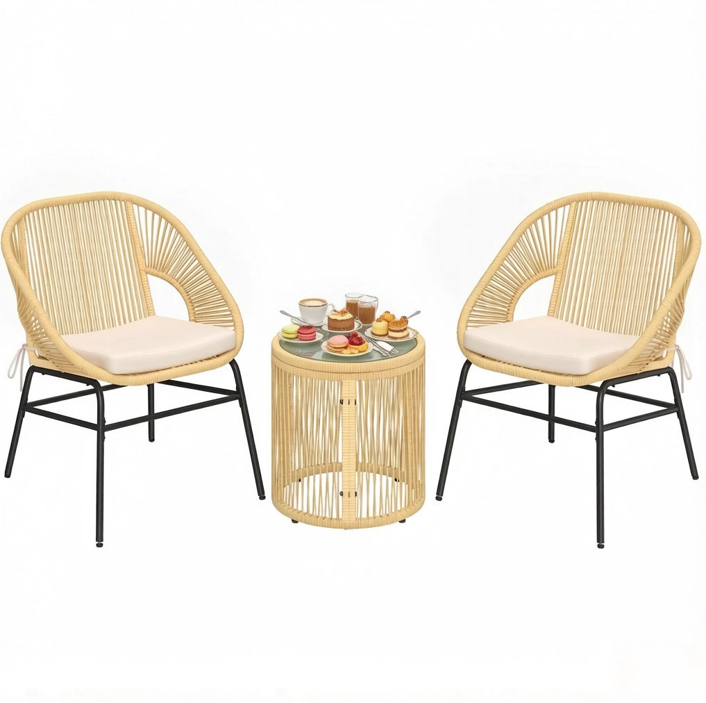 Set lounge da balcone 2 posti con tavolo rotondo in vetro temperato; beige
