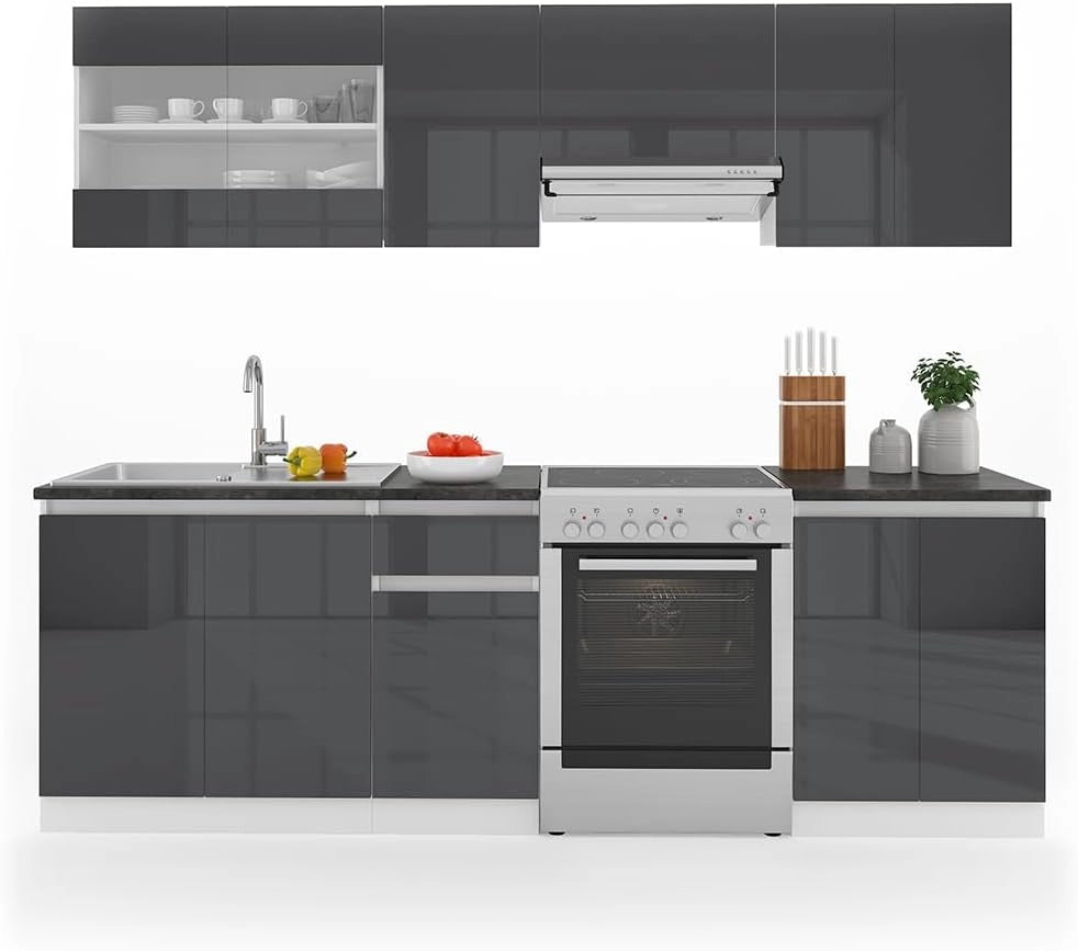 Mobile da cucina Raul, Antracite lucido/bianco, 240 cm, AP Nero, con moduli posizionabili variabilmente e piedini regolabili in altezza