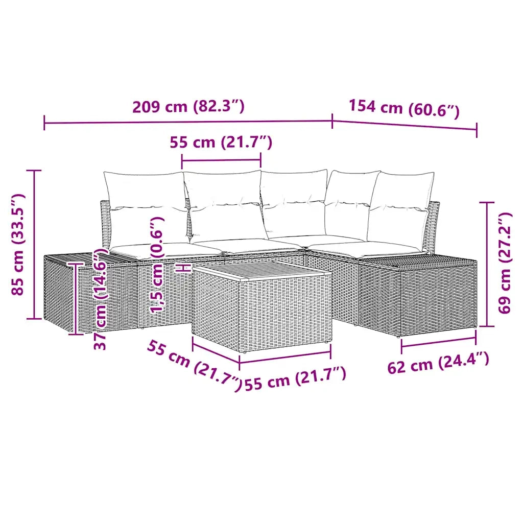 Set Divano da Giardino con cuscino 5 pcs Grigio polyrattan 3347951