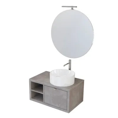 Mobile bagno sospeso 80 cm grigio cemento con cassetto e vano a giorno completo di lavabo e specchio Master