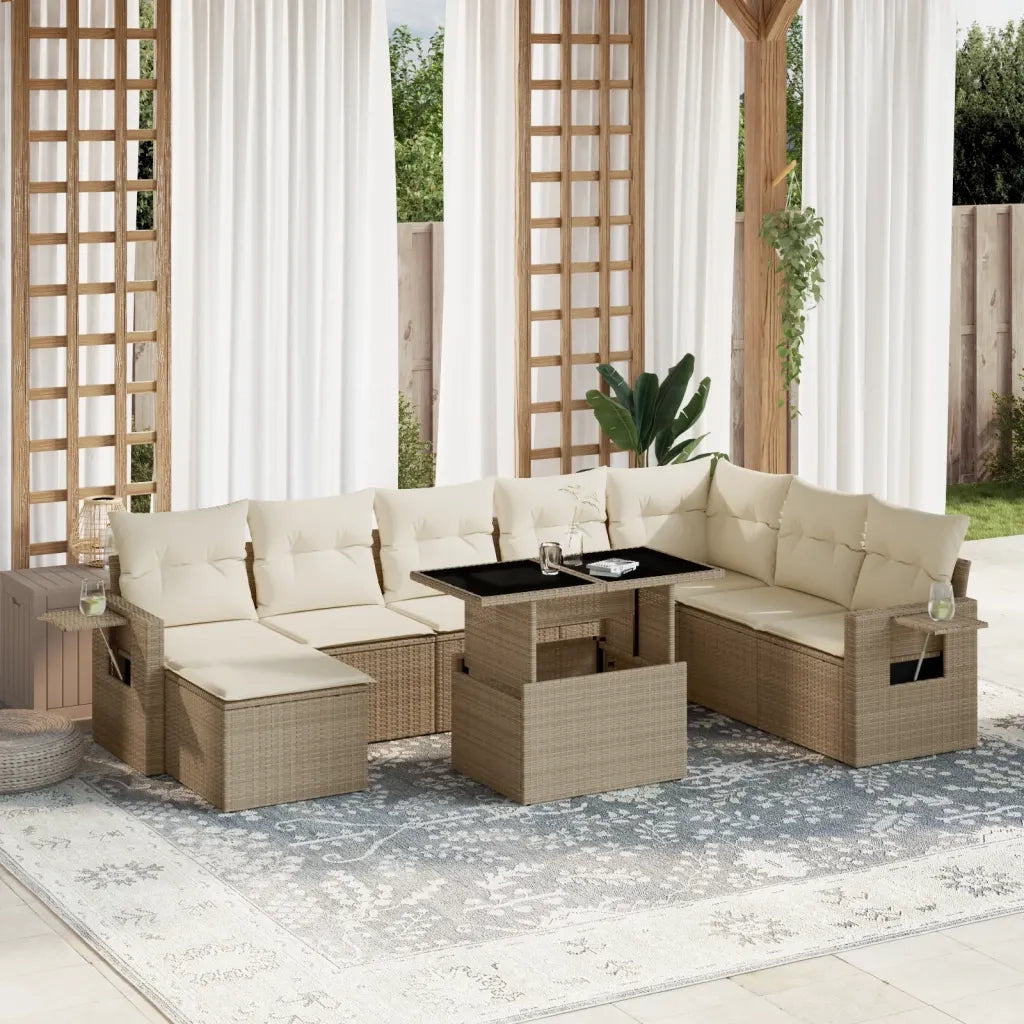 Set Divano da Giardino 9 pz con Cuscini Beige in Polyrattan