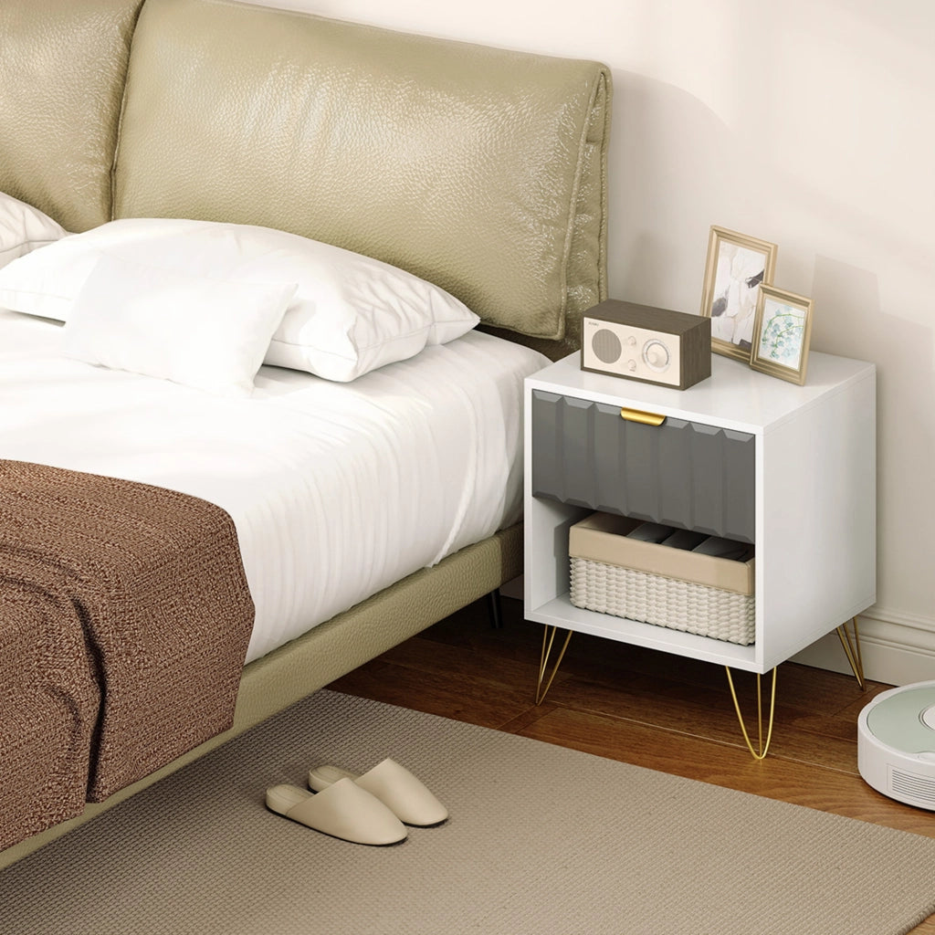 Comodino con cassetto e ripiano ¨C Minimal ¨C bianco, acciaio, 45x40x55