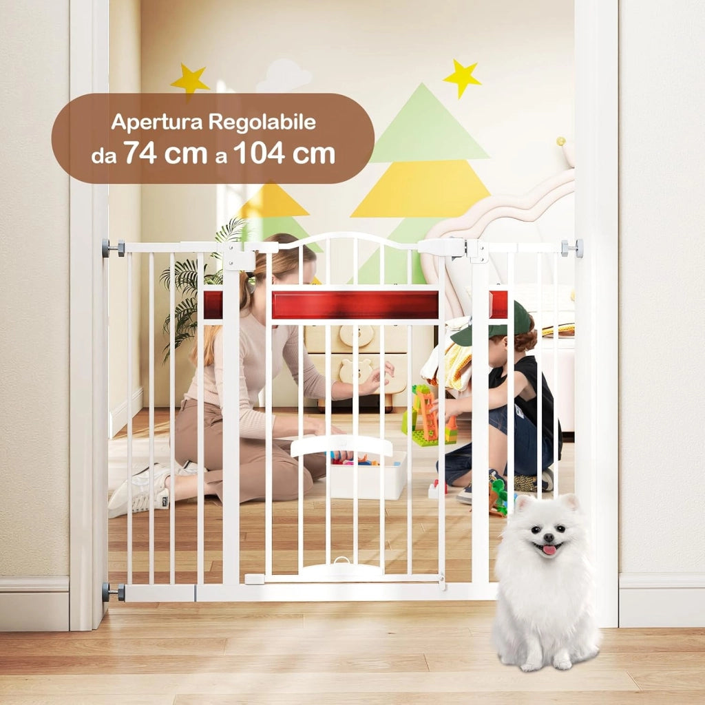 Cancello per Cani per Aperture da 74 a 104 cm, Recinto Espandibile con 2 Prolunghe, Installazione Senza Fori con Supporti, Doppia Chiusura, Cancello Metallico per Scala e Ingresso (Bianco)