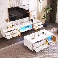 Mobile TV in Marmo con 4 Piedi, 4 Cassetti Strutturati con Maniglie Dorate e Due Ante in Vetro Temperato Marrone, Bianco