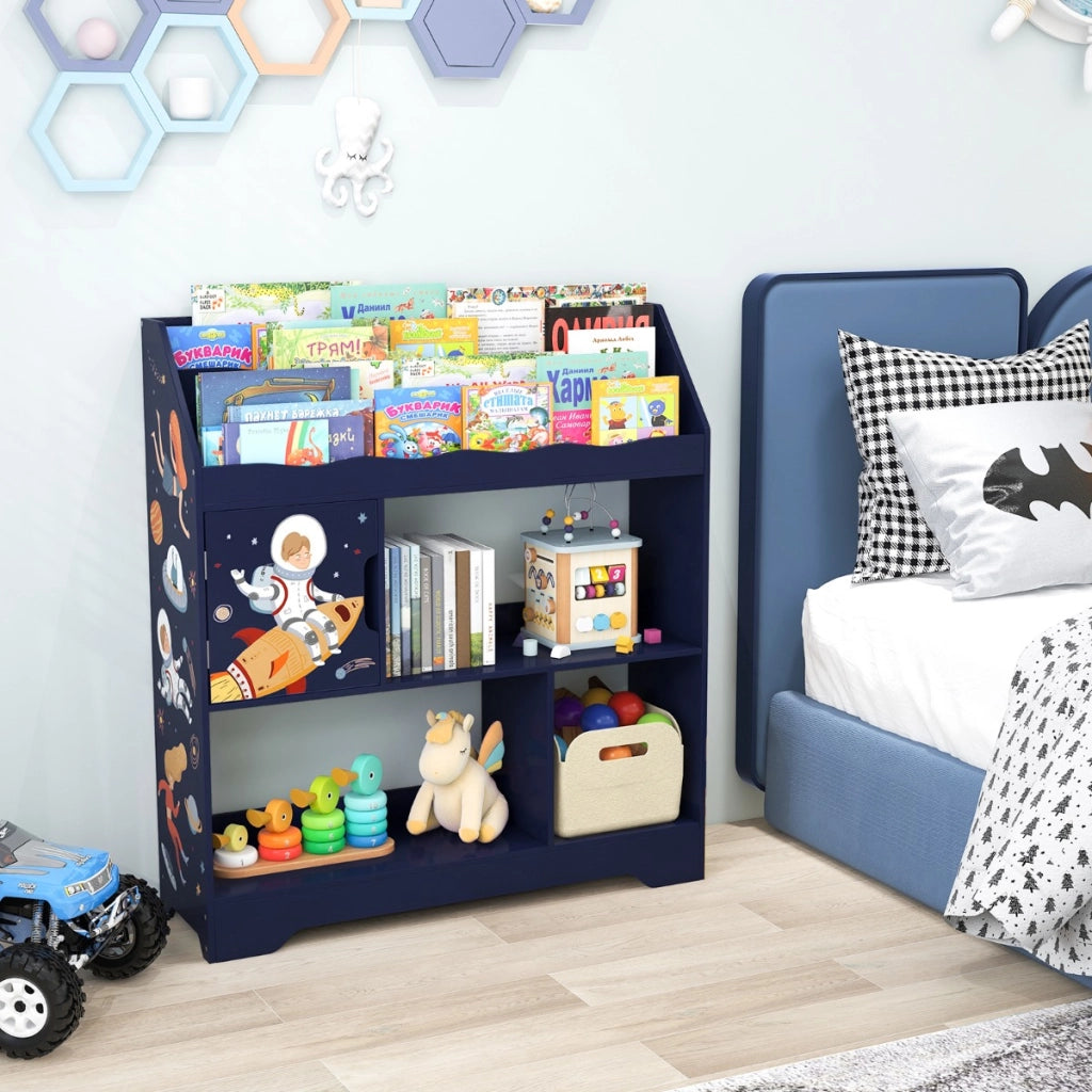 Mobile portagiochi per bambini con libreriaporta giocattoli e scomparti-Scaffale 3-in-1 per giocattoli Blu scuro