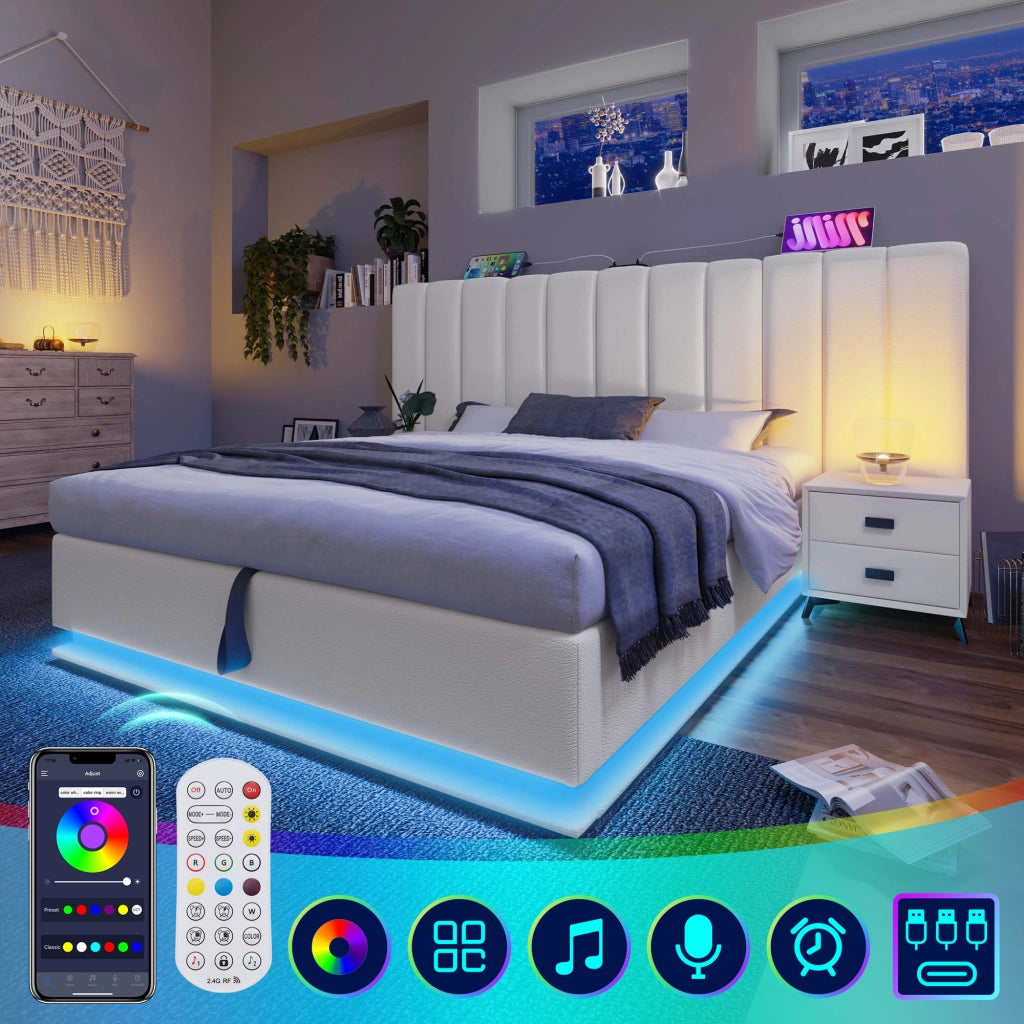 DESMIU Letto contenitore 2 posti con USB-C, LED regolabile e vano contenitore 180 × 200 cm, senza materasso