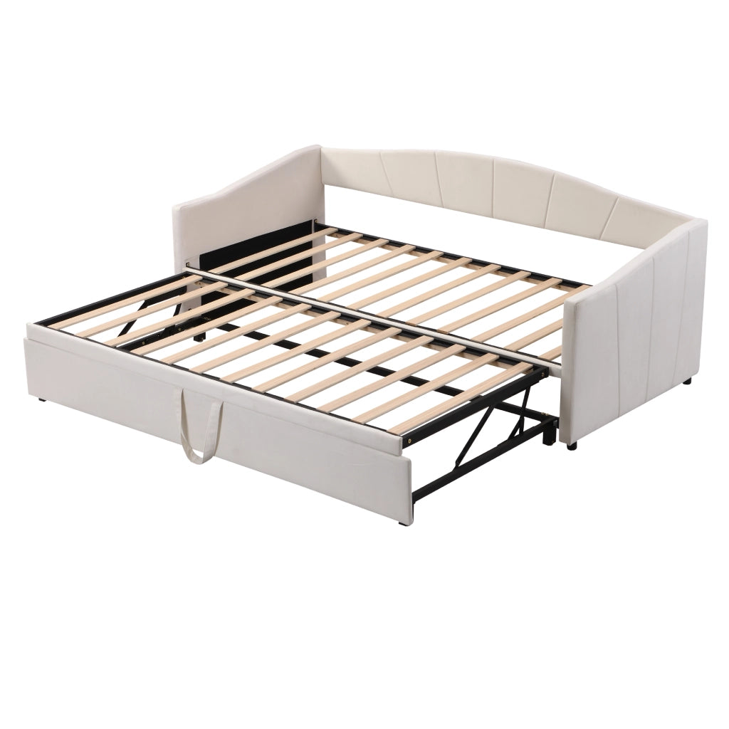 OKWISH Letto a Divano Estraibile 90×200 cm e 180×200 cm, Letto Singolo con Rete Estraibile e Braccioli, senza Materasso, Beige
