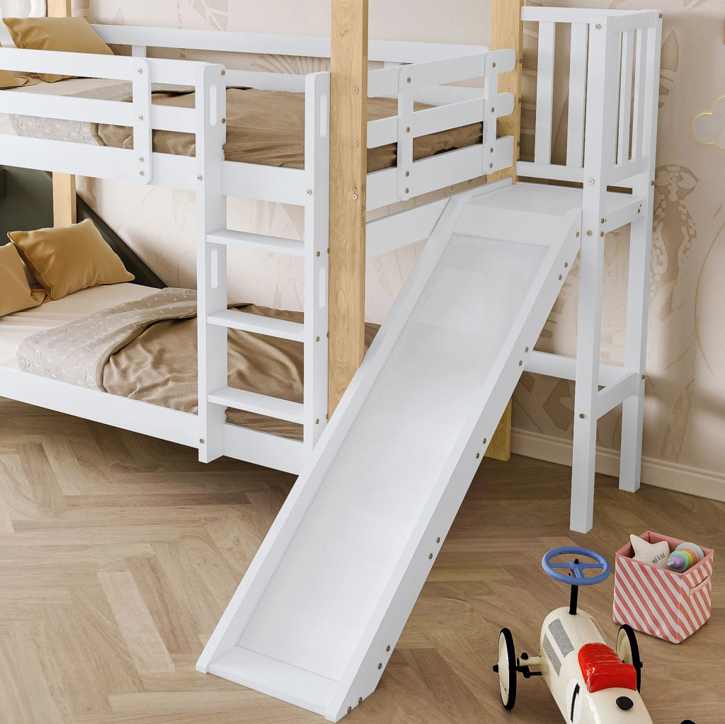 Letto a castello 90x200 cm con scivolo e scala in legno e MDF bianco