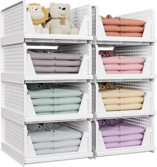 Organizzatore per armadi 8 pezzi, pannelli stivocabili multifunzionali e pieghevoli per la conservazione di spazi in cucina e bagno, contenitore a cassetta spazievoluta, bianco