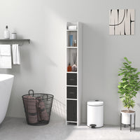 Mobile a Colonna da Bagno 15x17x120 cm con Ripiani a Giorno e Armadietti in Legno Bianco e Nero