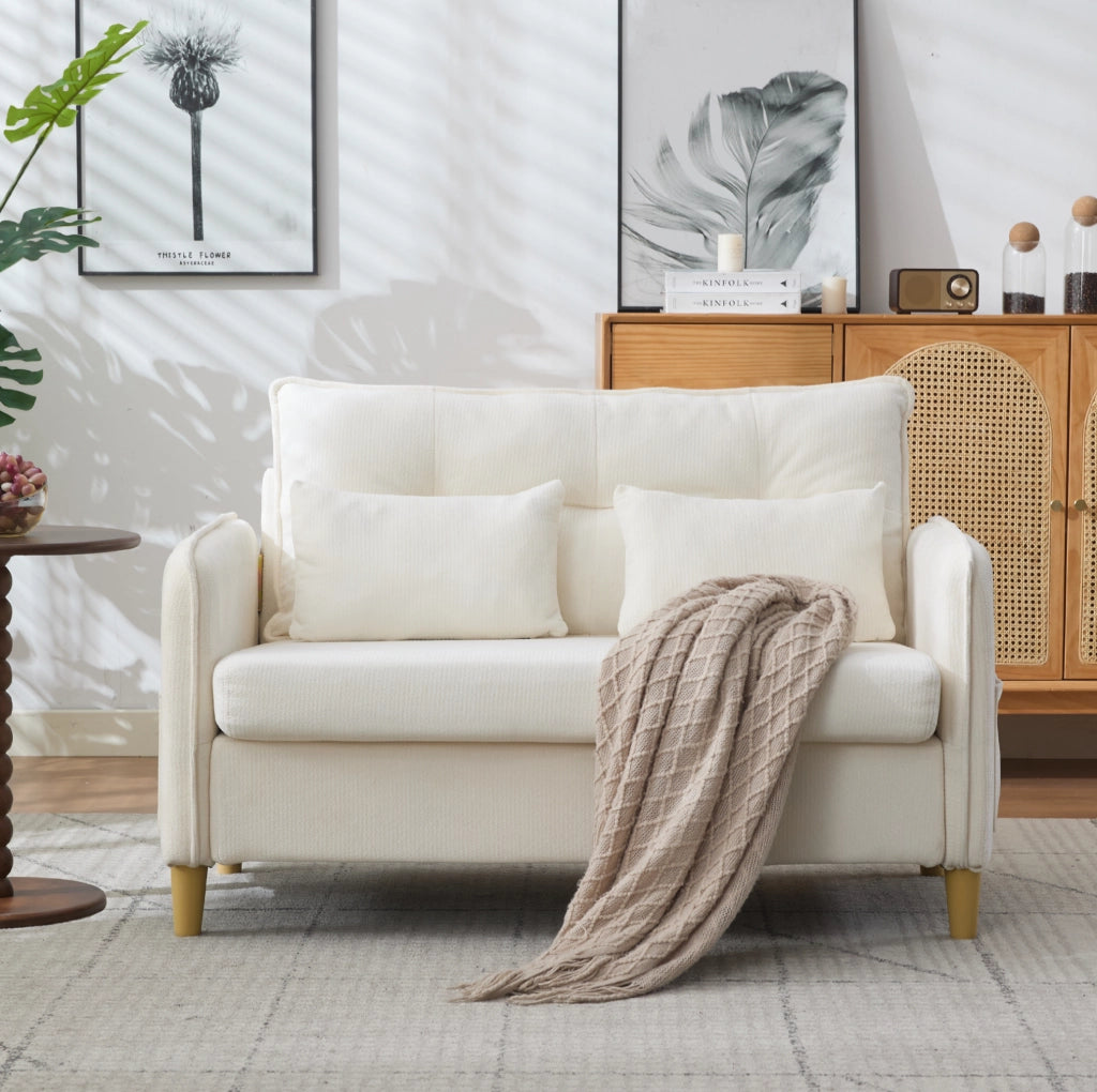 Divano 2 posti in tessuto chenille beige 127x75,5x83 cm con braccioli, tasche laterali e cuscini