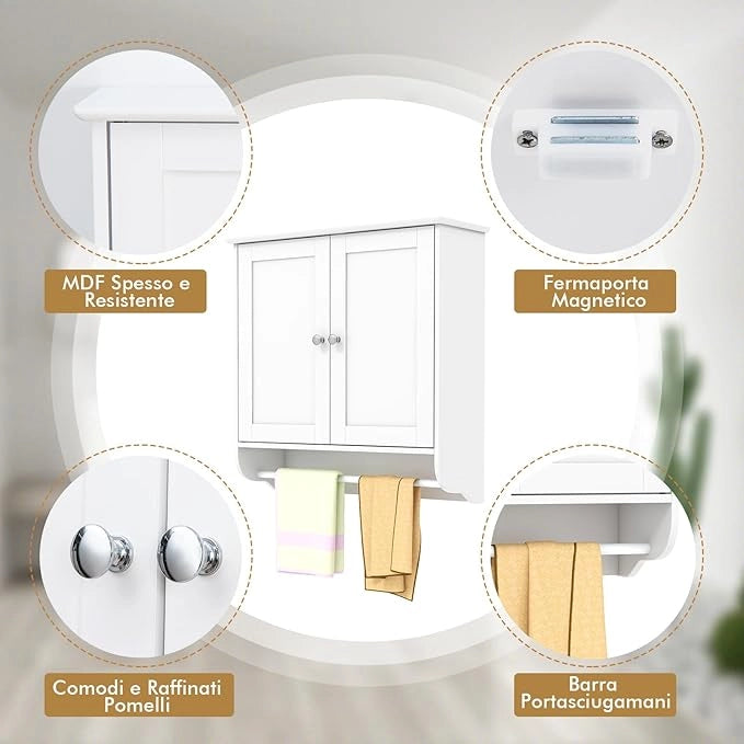 Mobile da Bagno Sospeso, Armadietto da Parete con 2 Ante Barra Porta Asciugamani e Ripiano Regolabile, Salvaspazio Stile Moderno, 60 x 21 x 61 cm (Bianco)