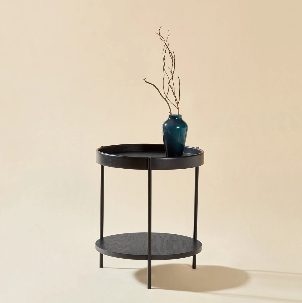 Tavolino rotondo 44x44x48 cm nero; doppio piano a 2 livelli; legno e metallo;