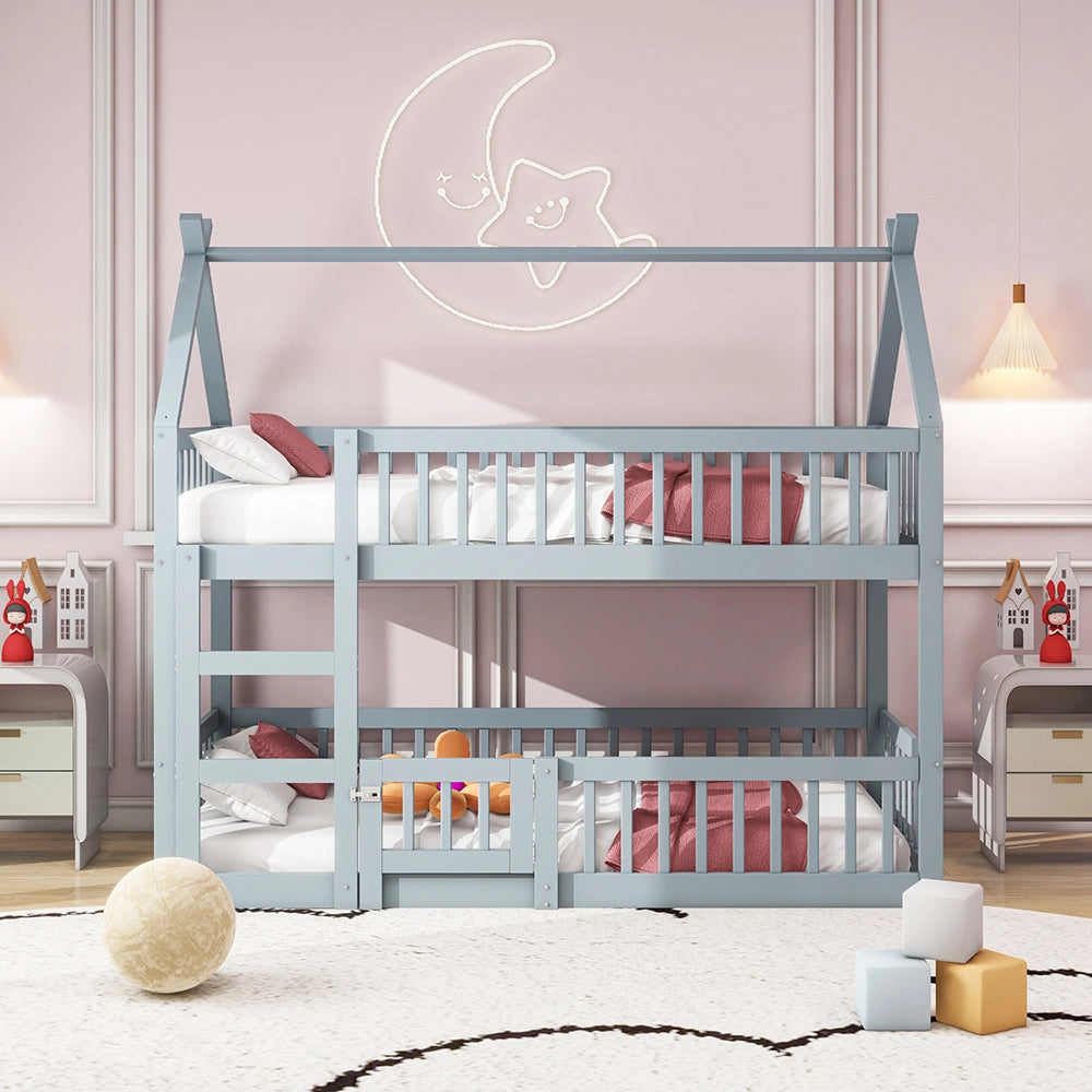 Letto a castello per bambini - Xylo - 90x200 cm - Grigio - Design loft in legno massello con scala
