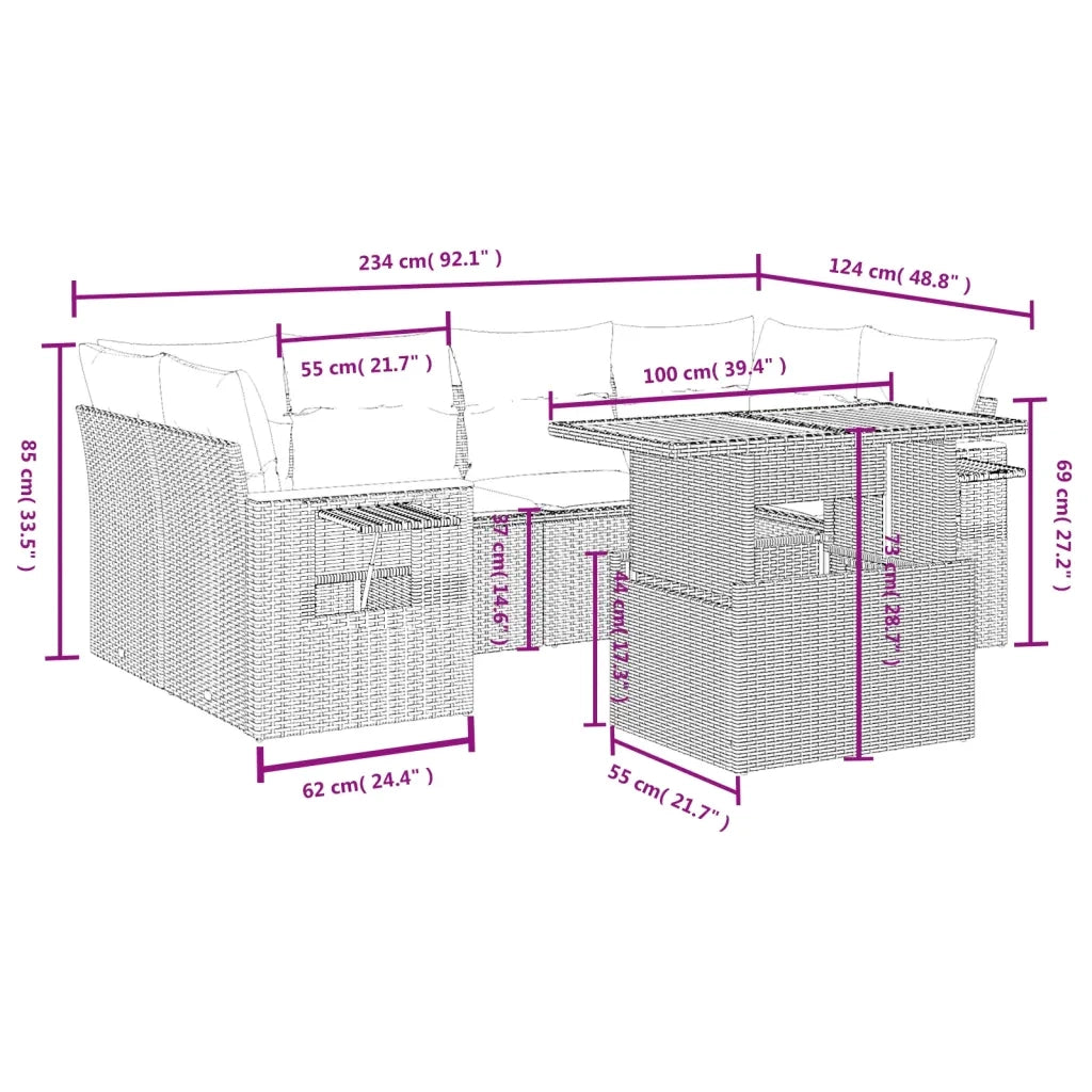 Set Divani da Giardino 7 pz con Cuscini Grigio in Polyrattan