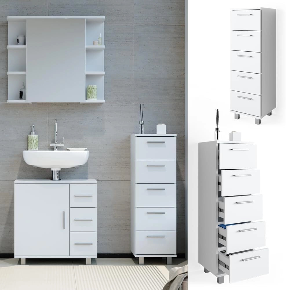 Cassettiera da bagno Ilias, Bianco, 30 x 95 cm, adatto per il montaggio a parete e combinabile con la serie Ilias