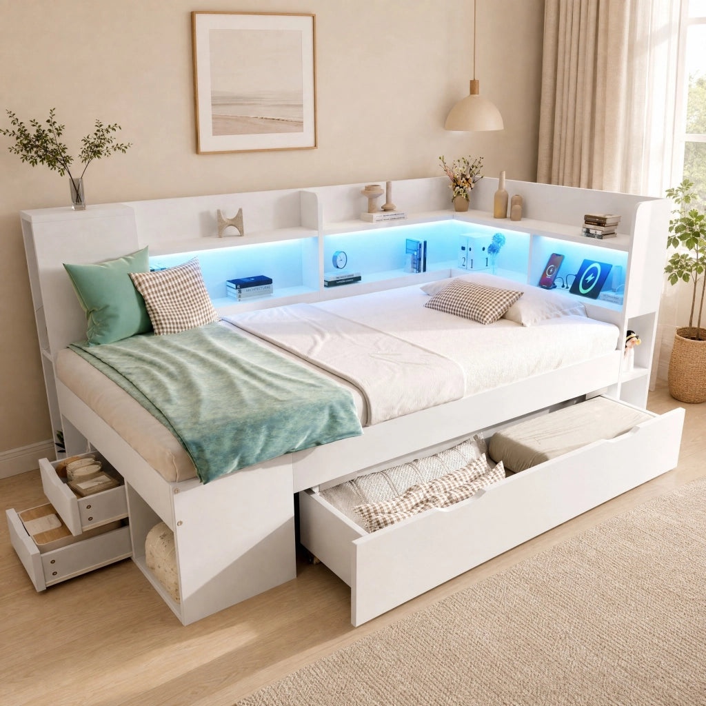 Letto singolo 90x200 cm in legno bianco con LED; USB e Type-C; contenitore e ripiani