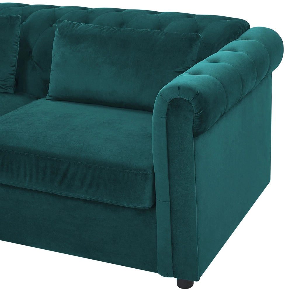 Divano Letto Chesterfield Tessuto Velluto Verde Rivestimento Gambe In Legno Scuro 3 Posti Con Cuscini Materasso Contemporaneo