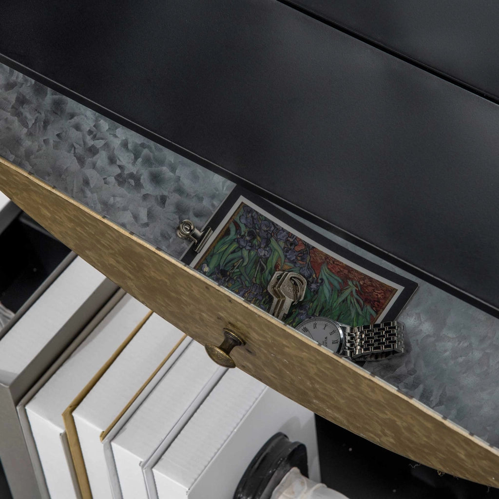 Specchio da Parete Rotondo ?61cm, Specchio Decorativo con Cassetto e Cornice in Metallo e MDF, Nero