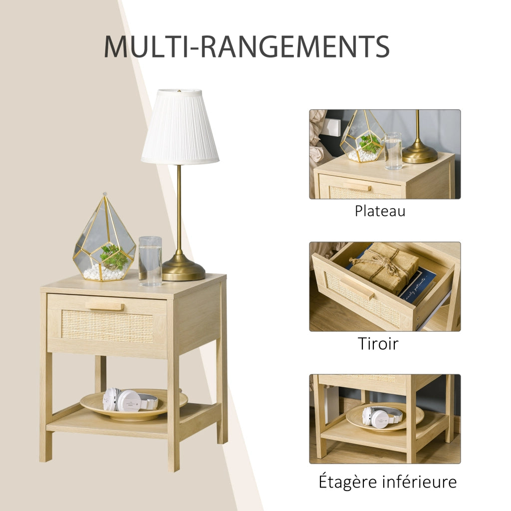 Comodino con cassetto e scaffale ¨C zephmum ¨C canna di rattan, legno chiaro, 40x40x48 cm