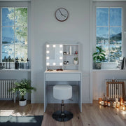Tavolo da toeletta Laura, Bianco, 70 cm con illuminazione LED e sgabello, Luce integrata – non è necessaria una lampada da tavolo aggiuntiva