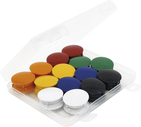 Magnetici a forma rotonda, colorati, Ø 32 mm, 28 pezzi in scatola di trasporto