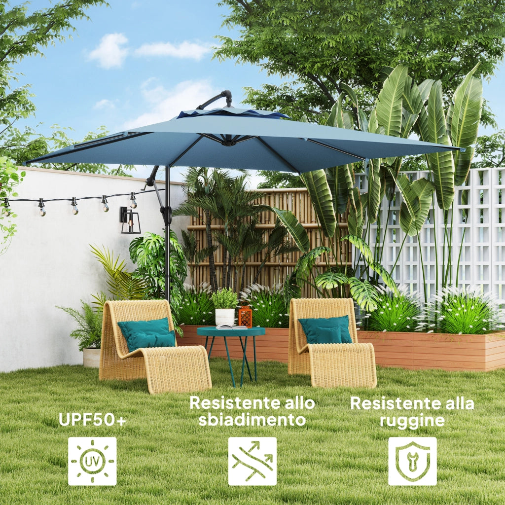 Ombrellone Decentrato con Base e Croce, Prese d'Aria e Manovella, in Metallo e Poliestere, 3x3.25 m, Blu