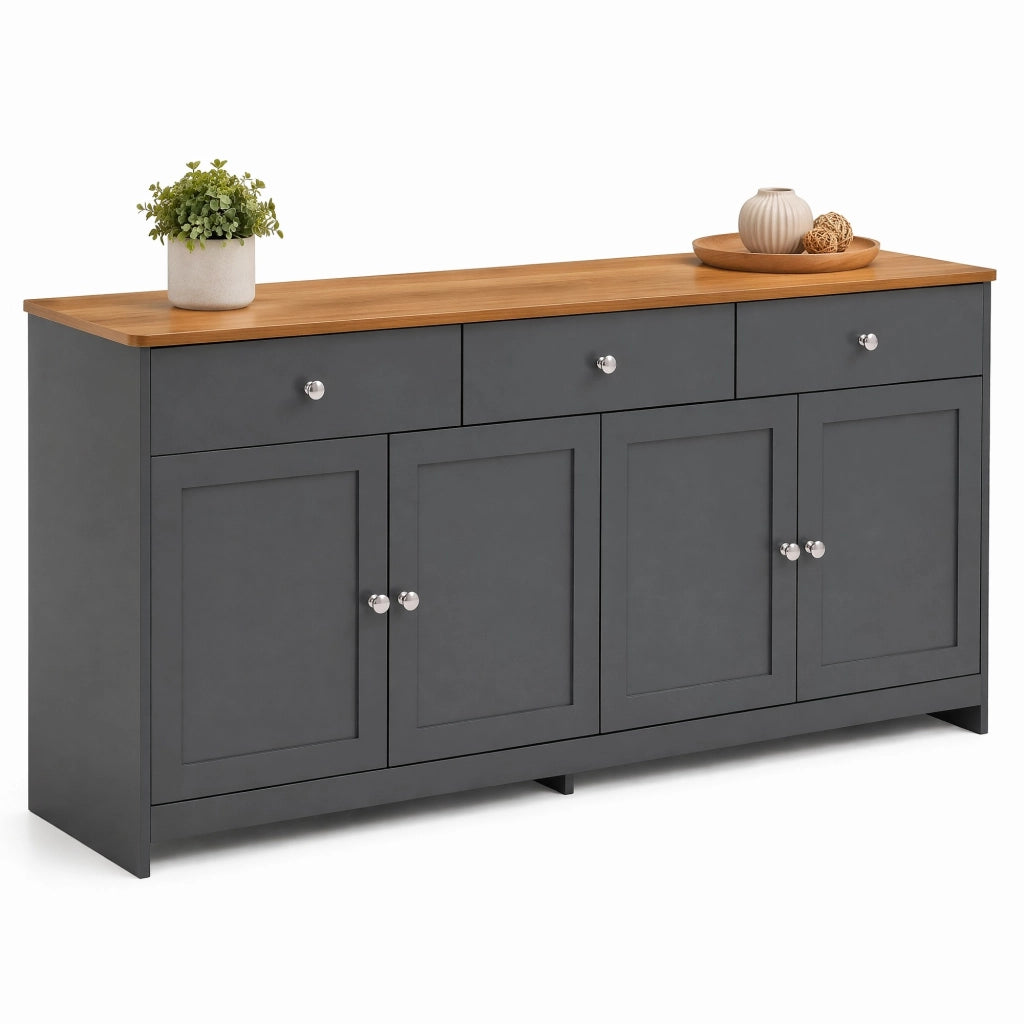 Sideboard in stile rustico grigio scuro e noce con 4 ante e 3 cassetti, 160 x 75 x 37 cm