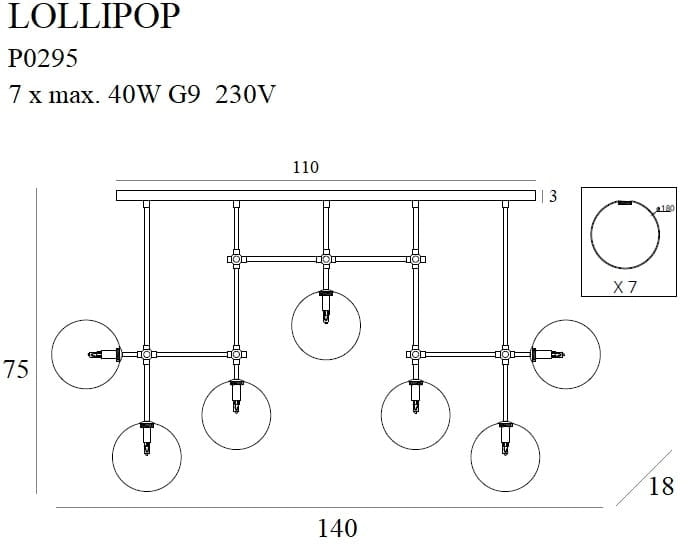 Lampada soffitto lineare ottone 7 sfere vetro G9 Maxlight