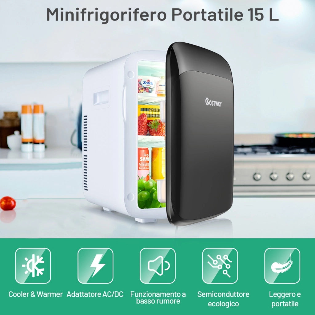 Mini frigorifero 2 in 1 compatto 15 L, Mini frigo portatile per auto a semiconduttore per bevande Nero-Frigoriferi