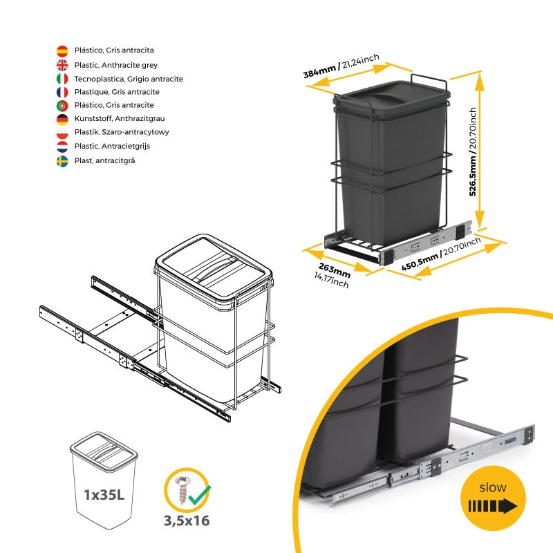 Contenitore per la raccolta differenziata Recycle Inox 2x12lt per il montaggio sul fondo e l'estrazione manuale/automa..