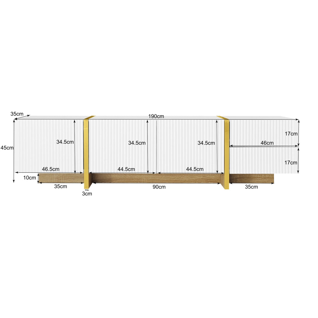 Mobile TV con 3 Ante e 2 Cassetti; Cerniere Ammortizzate; per Soggiorno; in MDF e Pannello di Particelle; Bianco e Oro; 190×35×45 cm