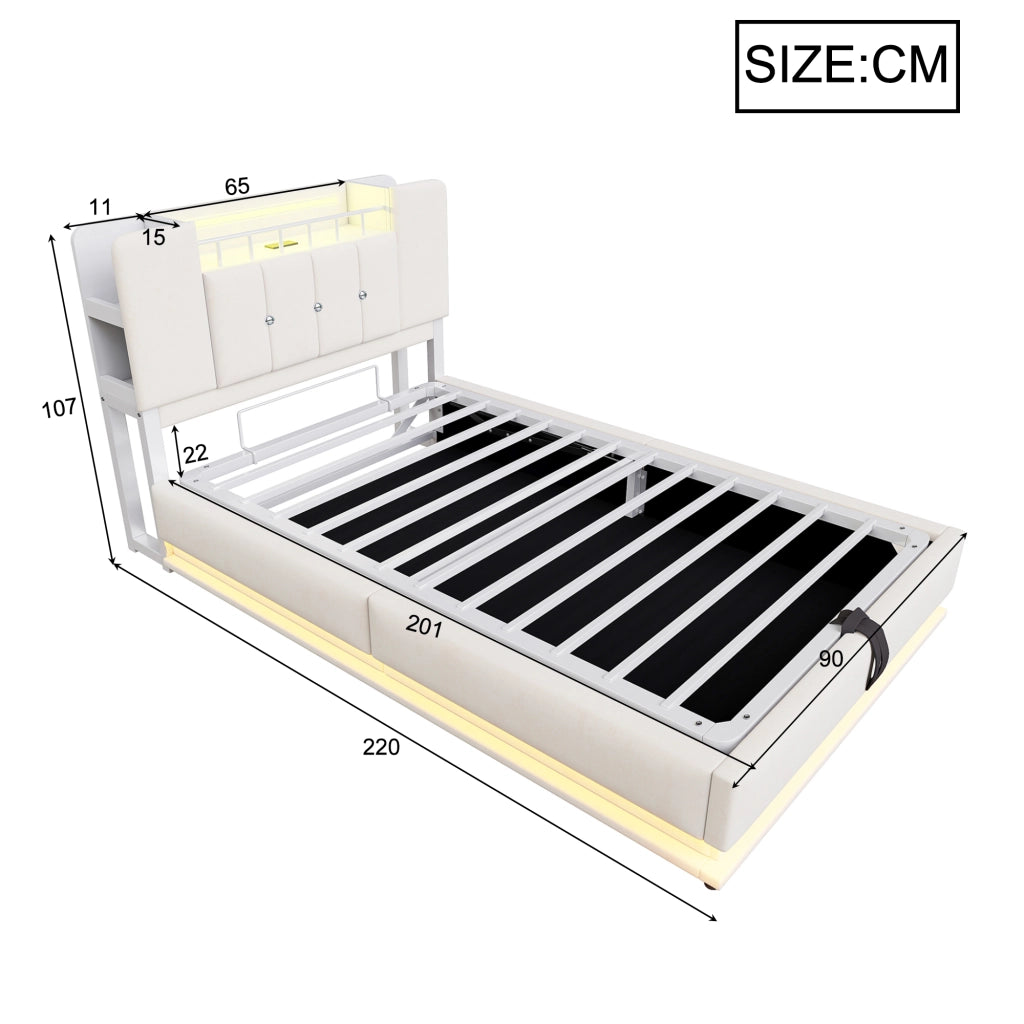 Letto imbottito idraulico con LED e USB 90x200 cm colore beige