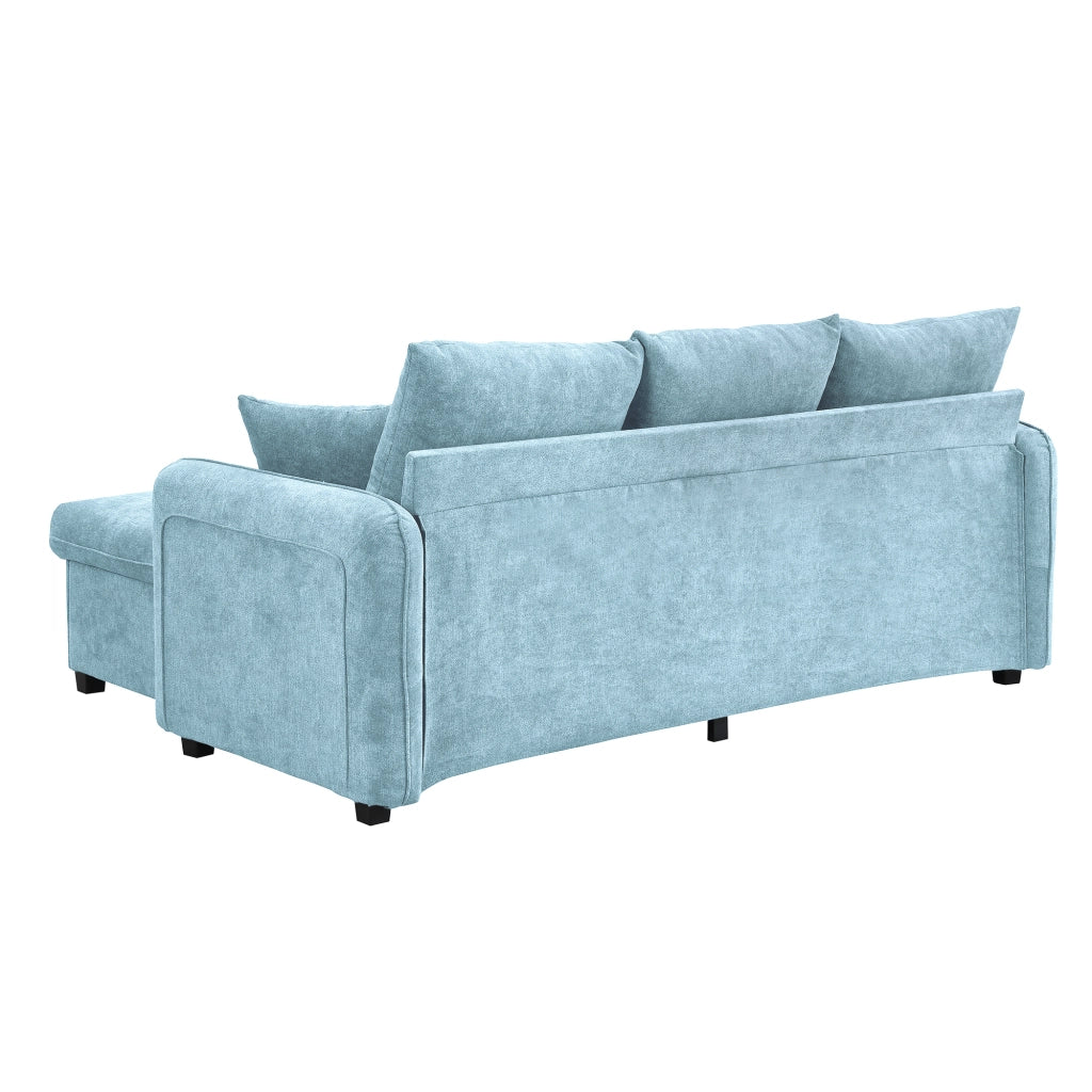 Divano angolare a U convertibile con funzione letto e contenitore, in chenille blu con pouf portaoggetti 3 pezzi