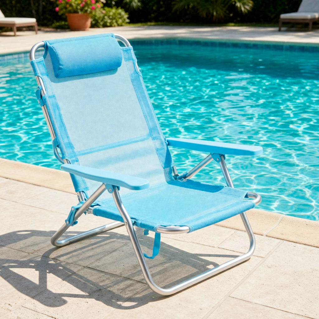 Spiaggina Relax Pieghevole Da Mare Con Telaio In Alluminio Seduta In Textilene Traspirante Poggiatesta Integrato E Braccioli Ergonomici Per Campeggio Outdoor 53 x 62 x 77 Cm Azzurro