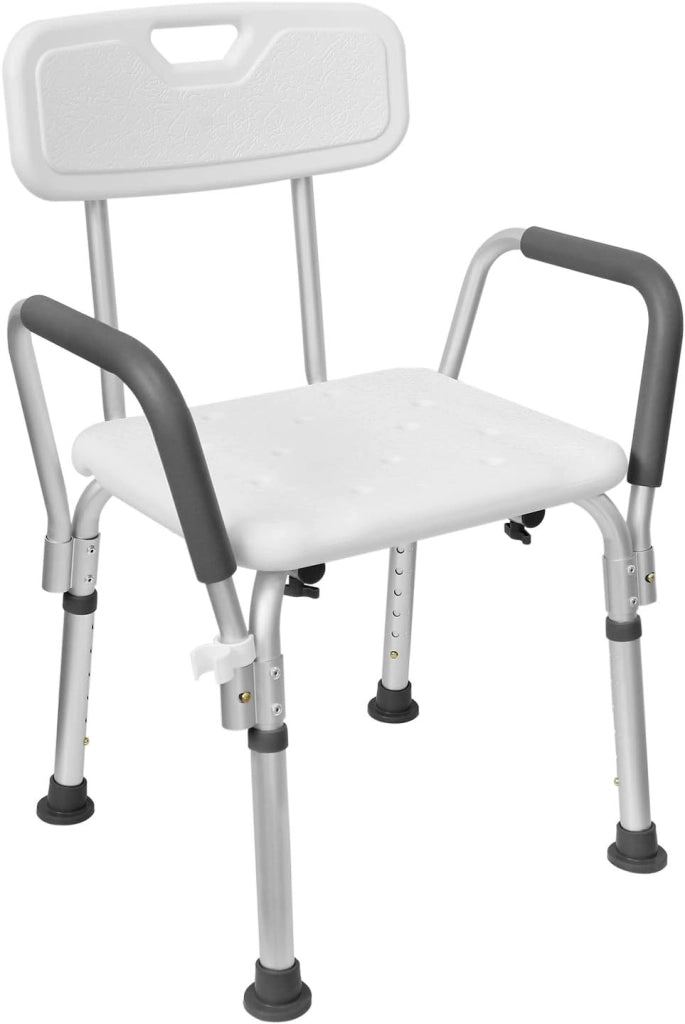 Sgabello da doccia per anziani, altezza regolabile, moderno, in alluminio, 136 kg, con schienale e braccioli