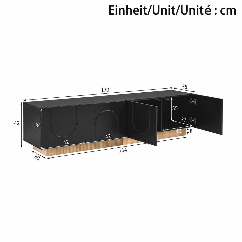 Mobile TV con 4 ante; vani separati; passacavi posteriori e cerniere ammortizzate per soggiorno; nero; 170 × 38 × 42 cm