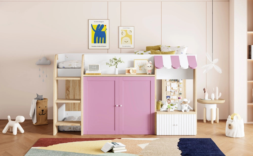 DESMIU Letto a soppalco per bambini 1 posto con scala, contenitori e ripiani, 90 × 200 cm, senza materasso, rosa e bianco
