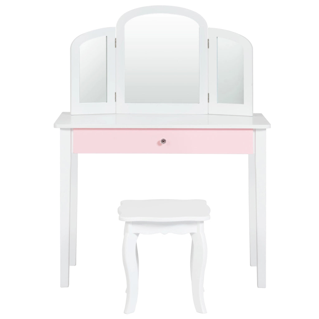 Set toeletta con con specchio tripartito e cassetto per bambini, Scrivania smontabile 2 in 1 per leggere Bianco-Toelette per bimbi