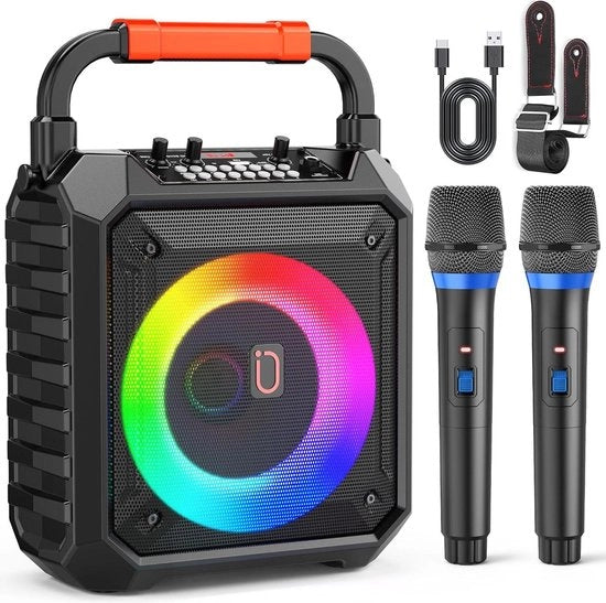 Impianto Karaoke - Macchina Karaoke con Altoparlante Bluetooth Portatile e Due Microfoni Senza Fili - Sistema PA per Bambini e Adulti - Supporta Cartucce TF/USB/AUX/REC - Feste