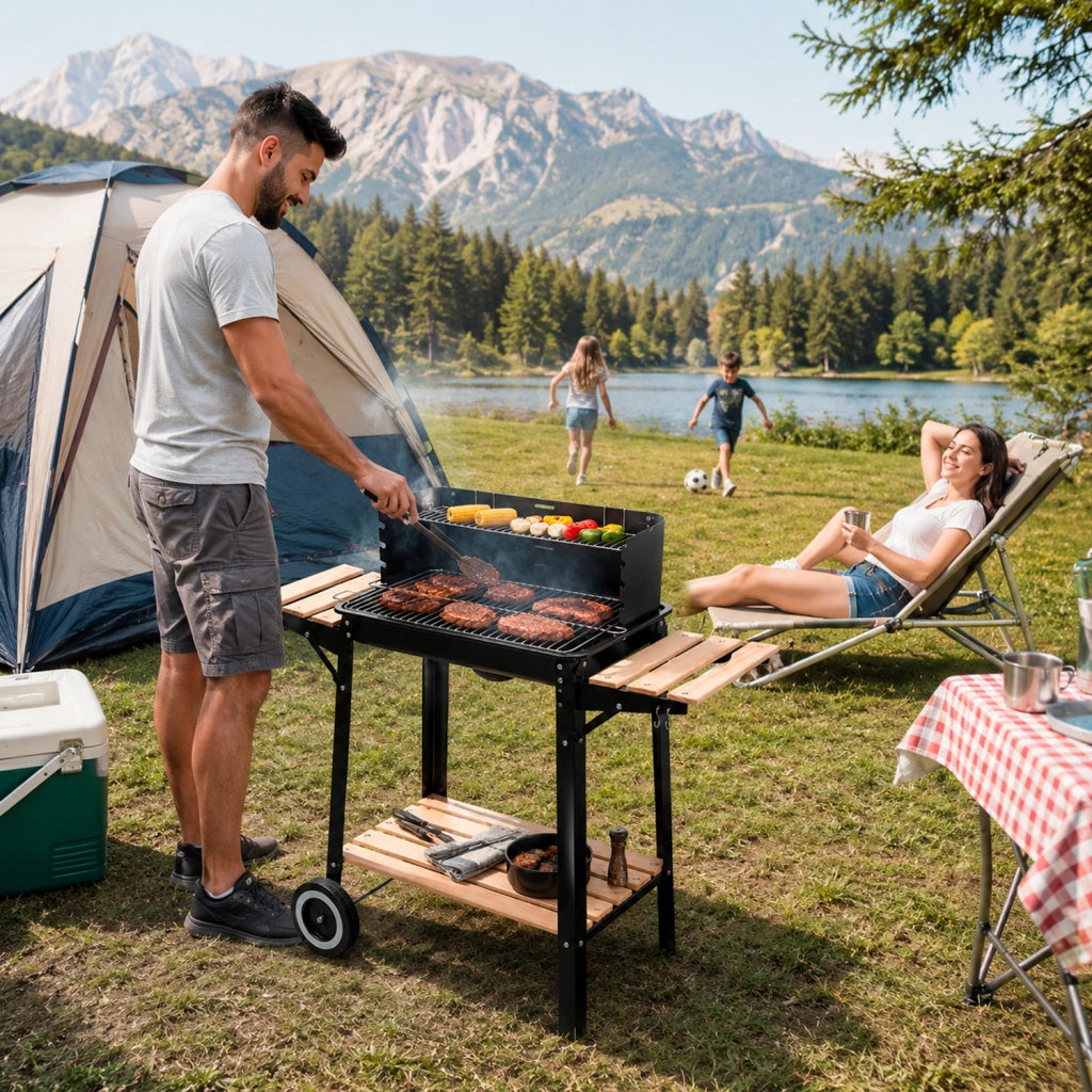 Barbecue A Carbone Con Paravento Antivento Griglia Cromata Ripiani Laterali In Legno Ganci Porta Accessori Ruote Integrate Per Giardino Terrazzo E Campeggio 94 x 40 x 84 Cm Nero