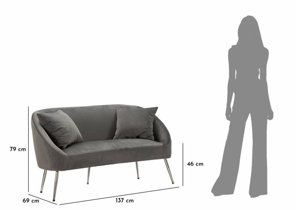 Divano fisso 2 posti Pittari, Sofà dritto, Divanetto per salotto, Poltrona matrimoniale, 137x69 h79 cm, Grigio e Argento
